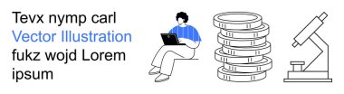 Çalışma verimliliği, finans, bilimsel araştırma, teknoloji kullanımı, eğitim, veri analizi. Dizüstü bilgisayarı olan kişi, bozuk para yığınları mikroskobu. Çalışma verimliliği ve finans ilhamı