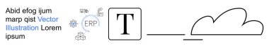 Teknoloji entegrasyonu, iş planlaması, bulut depolama, veri yönetimi, dijital dönüşüm, yazılım çözümleri. ERP simgeleri ve metinli bulut çizimi. Teknoloji entegrasyonu