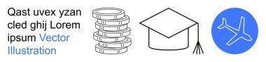 Eğitim, finansal planlama, seyahat, kariyer başarısı, başarı, küresel fırsatlar. Yığınla bozuk para, mezuniyet şapkası mavi uçak ikonu. Eğitim ve mali planlama teması