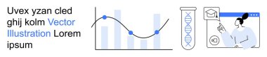 Bilimsel araştırma, eğitim, çevrimiçi öğrenme, veri analizi, yenilik, dijital araçlar. Kavisli çubuk grafik, test tüpünde DNA ipliği ve sanal platformdaki kadın. Araştırma ve eğitim