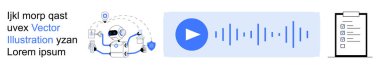 Yapay zeka, ses akışı, görev yönetimi, veri işleme, dijital araçlar, verimlilik uygulamaları. Veri noktaları olan robot, düğme sembolü panosunu oynat. Yapay zeka ve ses akışı kavramı