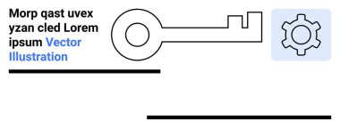 Güvenlik, erişim ve optimizasyonu sembolize eden mavi aksanlı bir vites simgesiyle eşleştirilmiş siyah anahtar çizgisi. Teknoloji, veri, işlemler, siber güvenlik, yenilik, mühendislik köprüsü için ideal