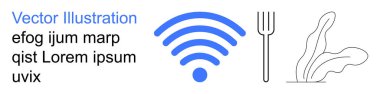 Teknoloji, yemek, eko-yaşam, kablosuz iletişim, sürdürülebilirlik, dijital yaşam tarzı. Çatal ve yaprak çizgilerinin yanında kablosuz sembol. Teknoloji ve sürdürülebilirlik vurgulandı