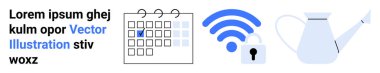 Digital security, gardening, planning, connectivity, organization, technology. A calendar, locked wireless symbol and a watering can. Planning and digital security concept