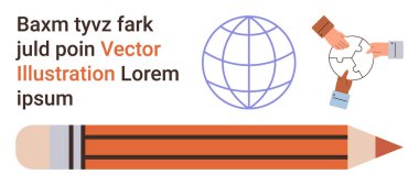 Küresel takım çalışması, eğitim, yaratıcılık, işbirliği, problem çözme, birlik. Küre, yapboz parçaları ellerle ve tasarımda büyük kalemle bağlanmış. Takım çalışması ve eğitim kavramı