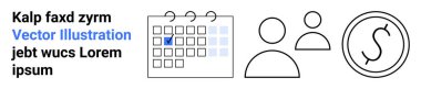 İş planlaması, takım çalışması, programlama, finans yönetimi, takvim araçları, işbirliği. Minimalist simgeler arasında işaretli bir takvim, iki kullanıcı ve bir dolar işareti yer alıyor. Zamanlama ve takım çalışması