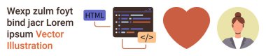 Teknoloji, aşk, web geliştirme, dijital içerik, kodlama, kullanıcı profilleri. HTML ve kod sembolleri ile kodlama arayüzü, kalp grafiği ve profil avatarı. Teknoloji ve aşk kavramları