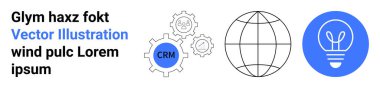İş çözümleri, küresel ulaşım, yenilik, CRM araçları, dijital kavramlar, yaratıcı düşünce. CRM metni ve küresel ampul ikonu olan bir vites. CRM araçları ve küresel erişim kavramı