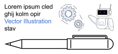 Robotik, otomasyon, yaratıcılık, teknoloji, eğitim, dijital aletler. Bir robot, dişliler, kalem yeniliği ve işlevsellik. Etkili iş akışları için robotlar ve otomasyon kavramları