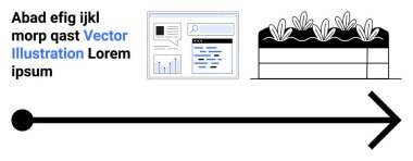 İş stratejisi, web analizi, büyüme, planlama, sürdürülebilirlik, yön. Bir yerleşim bir web sitesi analiz arayüzü, yeşillik ekilmiş ve ok ilerlemesi ve yönü. Büyüme ve iş