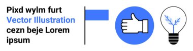 Yaratıcılık, yenilik, iletişim, takım çalışması, onay, tasarım unsurları. Çemberin içinde bir sembol, mavi bayrak yazısı ve ampul grafiği. İletişim ve yaratıcılık kavramı
