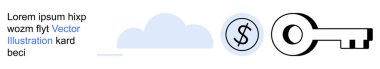 Data security, financial transactions, cloud storage, identity access, online payments, encryption. A cloud, dollar symbol and key . Data security and financial transactions concept