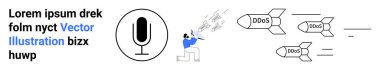 Siber güvenlik, internet koruması, ağ güvenliği, DDoS saldırıları, veri güvenliği, online tehditler. DDoS etiketli grafiksel füzeler ve savunma hareketi. Siber güvenlik ve internet koruması