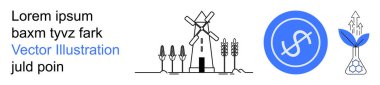 Yenilenebilir enerji, sürdürülebilir tarım, ekonomik büyüme, mali yatırım, eko-ticaret, modern tarım. Bitkileri olan siyah yel değirmeni, mavi dolar işareti, oklu büyüme bitkisi