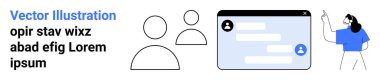 Çevrimiçi iletişim, takım çalışması, mesajlaşma, kullanıcı etkileşimi, işbirliği, sosyal ağ. Kullanıcı avatarları ve kadın karakter gösterme ile sohbet arayüzü. Çevrimiçi iletişim ve takım çalışması fikri