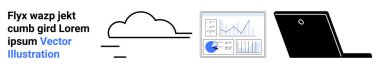Çizgileri olan bulut, tabletleri olan veri paneli ve parlak bir dizüstü bilgisayar. Teknoloji, iş dünyası, veri görselleştirme, dijital hizmetler, bulut çözümleri, bilişim altyapısı basit iniş sayfası için ideal