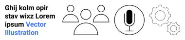 Communication, teamwork, technology, audio recording, digital collaboration, workflow management. Group of people, microphone and gear icons. Communication and teamwork through icons