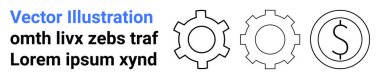Three outlined shapes showing gear icons morphing into a dollar symbol to depict process optimization, efficiency, investment, resource management, and financial outcomes. Ideal for business