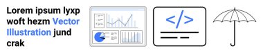 Grafikli analitik gösterge paneli, kodlama etiketi sembolü, koruma için şemsiye simgesi ve yer tutucu metin. Basit bir iniş sayfası için teknoloji, veri, programlama, analiz ve koruma için ideal