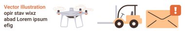 Lojistik, dağıtım sistemleri, nakliye uyarıları, otomasyon, tedarik zinciri, modern iletişim. Quadcopter, forklift zarfı ve alarm simgesi. Teslimat sistemleri ve nakliye uyarıları kavramı