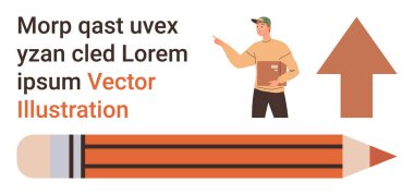 Teslimat hizmetleri, lojistik, e-ticaret, eğitim araçları, iletişim, büyüme. Elinde bir paket, bir kalem ve bir ok tutan bir işçi. Teslimat hizmetleri ve lojistik konsepti