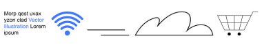 Kablosuz bağlantı, bulut depolama, e-ticaret, dijital işlemler, teknoloji trendleri, internet hizmetleri. Kablosuz sinyal, bulut şekli ve alışveriş arabası ikonu. Kablosuz bağlantı ve bulut