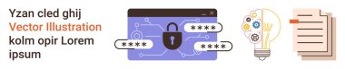 Siber güvenlik, yenilik, veri şifreleme, bilgi paylaşımı, yaratıcı fikirler, güvenli belgeler. Şifrelemeli merkezi kilit sembolü, ampul ve belgeler. Siber güvenlik ve yenilik