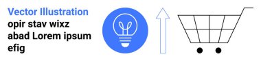 Çevrimiçi alışveriş, yenilik, iş stratejisi, büyüme, pazarlama, dijital ticaret. Bir ampul, yukarı doğru ok ve alışveriş arabası fikirleri ve ilerleme. E-ticaret ve yenilik kavramı