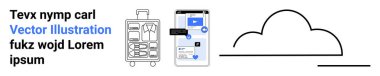 Seyahat, dijital teknoloji, minimalist tasarım, ulaşım, bulut depolama, yaratıcı medya. Kıyafetli bavul, akıllı telefon arayüzü soyut bulut çizgisi. Seyahat ve dijital teknoloji kavramları