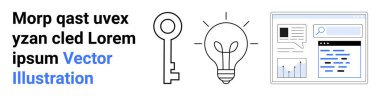 Innovation, security, technology, brainstorming, data insights, knowledge sharing. Key, light bulb and a digital dashboard interface. Innovation and security in modern digital communication