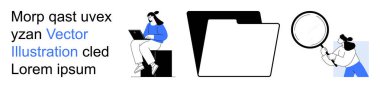 Data management, information organization, digital research, file exploration, work productivity, online search. Woman using laptop, folder magnifying glass. Data management and information