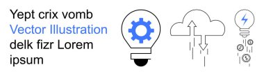 Technology, innovation, cloud computing, data storage, renewable energy, financial ideas. Light bulbs with gear and lightning icons with cloud and arrows. Innovation and cloud computing concept