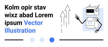 Yükselen okları işaret eden antenli robot, metin ve daire aksanlarıyla birlikte. Yenilik, ilerleme, yapay zeka, teknoloji, eğitim, veri büyümesi ve basit bir iniş sayfası için ideal