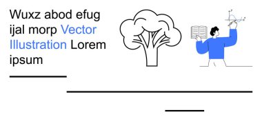 Eğitim, bilgi, çevre, öğrenme, sürdürülebilirlik, okuma. Bir ağaç sembolü ve yazarken açık bir kitap tutan bir insan. Eğitim ve çevre kavramı