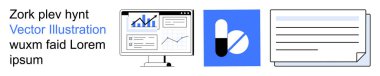 Business analytics, healthcare management, information systems, corporate tools, professional reporting, pharmaceutical tracking. Graphs on a monitor, capsule icon document outline. Business