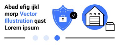 Kilit sembolü ve işaretli kalkan simgesi, kutulu depo simgesi. Güvenlik, depolama, veri koruması, e-ticaret, lojistik, siber güvenlik, basit iniş sayfası için ideal