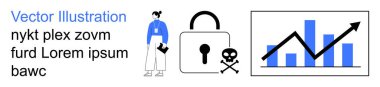 Veri güvenliği, risk değerlendirmesi, teknoloji, siber suç, analitik, profesyonel büyüme. Belgeleri olan bir kişi, kafatası ikonu olan bir kilit ve yukarı doğru eğilimli mavi çubuk grafik. Veri güvenliği