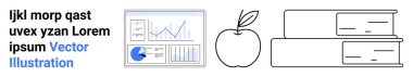 Analitik veri grafikleri, elma ve kitap yığını öğrenme, ilerleme ve bilgiyi resmediyor. Eğitim, analitik, eğitim, araştırma, profesyonel gelişim için ideal verimlilik sade iniş