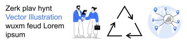 İş iletişimi, takım çalışması, küresel ticaret, çevre bilinci, tedarik zinciri, işbirliği. Tokalaşan iki karakter, lokasyon iğneli geri dönüşüm sembolü küresi. İş iletişimi