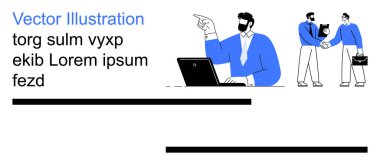 İş iletişimi, işbirliği, dijital araçlar, takım çalışması, uzaktan çalışma, profesyonel etkileşim. Bir adam dizüstü bilgisayarı işaret ediyor, profesyoneller el sıkışıyor. İletişim ve takım çalışması kavramı