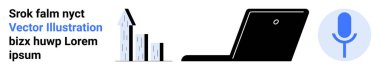 İş büyümesi, pazarlama, analitik, iletişim, teknoloji araçları ve içerik oluşturma. Bar çizelgesi, dizüstü bilgisayar mavi mikrofon ikonu. İş büyümesi ve pazarlama analitik kavramı