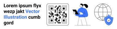 Veri girişi, küresel iletişim, dijital güvenlik, kimlik doğrulama, iş araçları, şifreleme. QR kodu, tablet kürenin kalkan sembolünü tutan kişi. Kimlik denetimi ve dijital güvenlik