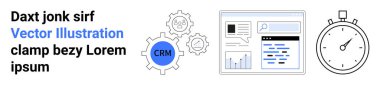 Veri yönetimi, iş analizleri, iş akışı optimizasyonu, dijital pazarlama, zaman izleme, verimlilik. Vites simgeleri, CRM sembolü kronometre ve veri raporu. CRM ve veri yönetimi kavramı