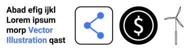 Yenilenebilir enerji, sürdürülebilirlik, çevresel koruma, dijital etkileşim, finans, iletişim. Paylaşmak için üç simge, dolar işareti ve rüzgar türbini. yenilenebilir enerji ve sürdürülebilirlik