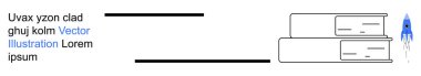 Eğitim, yaratıcılık, yenilik, öğrenme, gelişme, bilgi. Kitaplar düzgünce mavi bir roketin yanına dizilmiş. Eğitim ve yaratıcılık, öğrenme ve yenilik kavramlarıyla vurgulanır