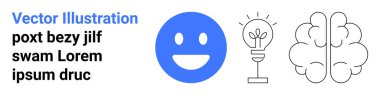 Yaratıcılık, fikir üretimi, zihinsel süreçler, problem çözme, yenilik, eğitim. Ampul ve beyin çiziminin yanında mavi mutlu yüz. Yaratıcılık ve fikir üretimi kavramı