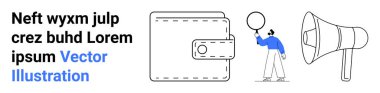 Düğme tokalı cüzdan, balon tutan insan ve büyük megafon. Finans, reklam, promosyon, minimalist kampanyalar, yaratıcı kavramlar, duyurular için ideal.