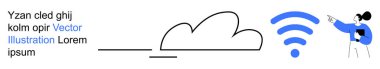 Bulut hesaplama, kablosuz teknoloji, dijital bağlantı, veri alışverişi, uzaktan çalışma, çevrimiçi iletişim. Minimalist bulut şekli, kablosuz sembol ve işaret eden kişi. Bulut hesaplama