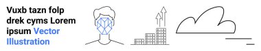 Facial recognition, artificial intelligence, cloud storage, technology growth, business solutions, innovation. Line art of a face scan, cloud arrows and buildings. Facial recognition and cloud
