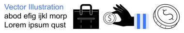 Finans, iş çözümleri, ekonomi, tasarruf, yatırımlar, kurumsal kimlik. Simgeler arasında bir evrak çantası, bozuk para ve para sembolleri tutan bir el çantası var. Maliye ve iş çözümleri